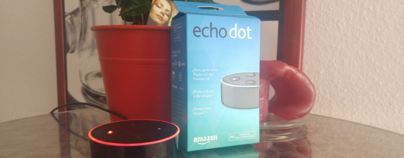 Ein Foto von der Verpackung von Amazons Echo Dot und dem Echo Dot selbst.