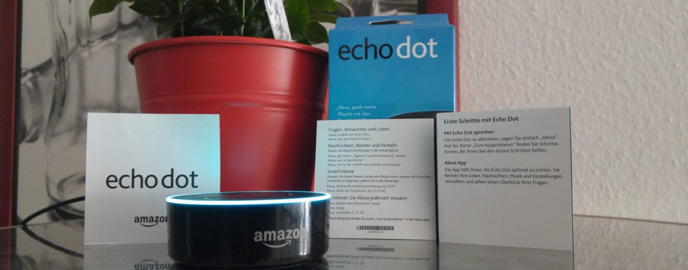 Ein Foto von der Verpackung von Amazons Echo Dot und dem Echo Dot selbst.