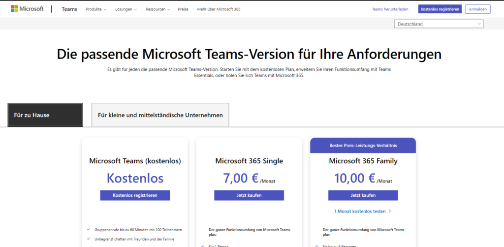 Screenshot der Registrierung für Microsoft Teams. In unserem Beispiel für einen privaten Account funktioniert am besten die Variante "Für zu Hause", die kostenlos ist.