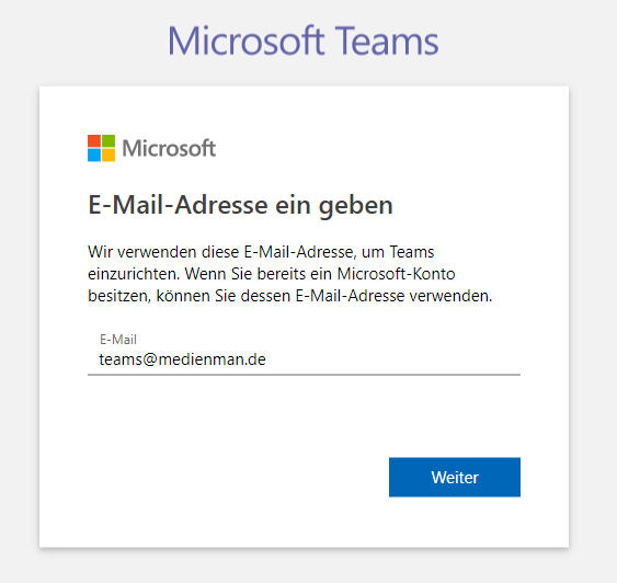 Im Screenshot ist die Anmeldemaske von Microsoft zu sehen. Diese bittet den Benutzer, die Mailadresse einzugeben. Im Screenshot steht eine Beispielmailadresse.
