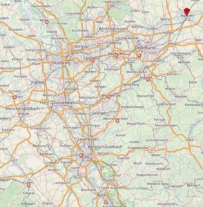 Ein Ausschnitt der Karte von NRW mit Hamm im Nord-Osten und den anderen, großen Städten in NRW. Der Kartenausschnitt ist von OpenStreetmap.