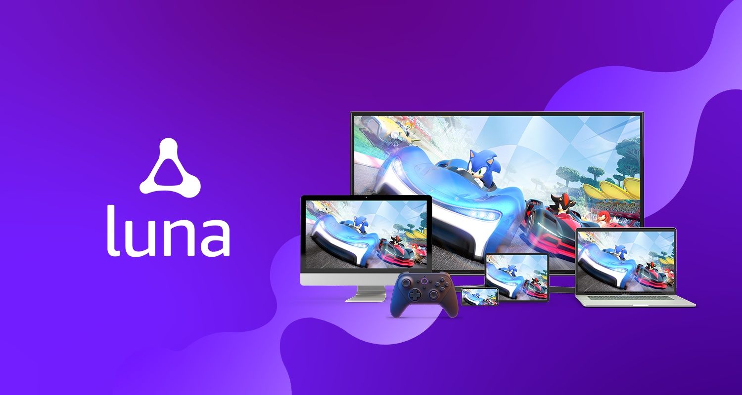 Das Logo von Amazon Luna auf einem lilafarbenden Hintergrund. Auf der rechten Seite sind mehrere Screens zu sehen, die ein Spiel zeigen.