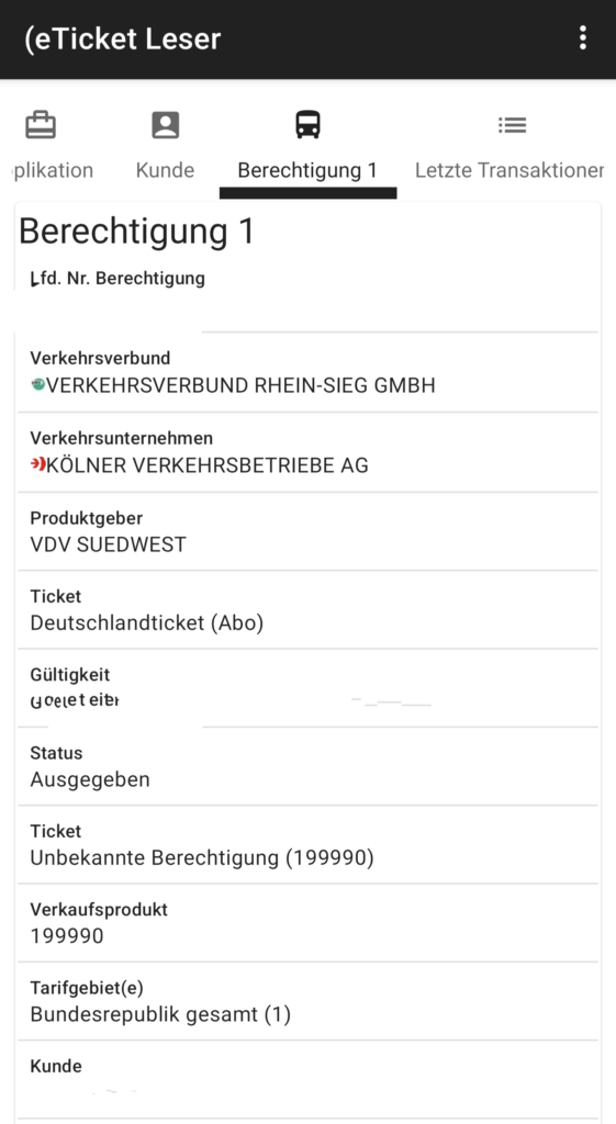 Screenshot der Ticket-Prüfung mit der eticket-App. Persönliche Daten sind ausgeblendet.