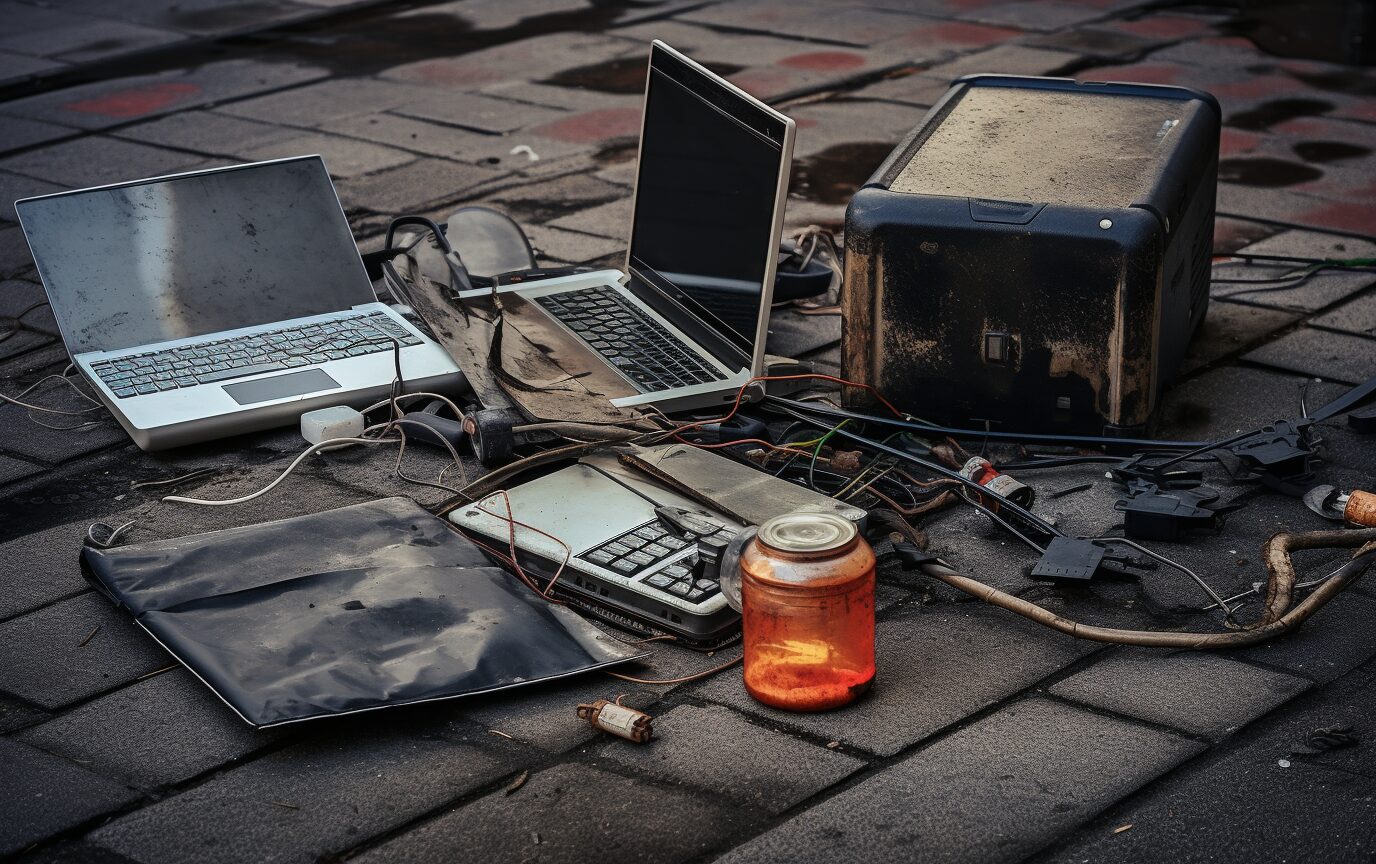 Alte Laptops, Tastaturen und Kabel auf der Straße liegend.